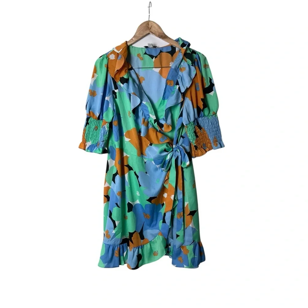 Topshop Blue Floral Print V-Neck Tie Waist Wrap Mini Dress US 12